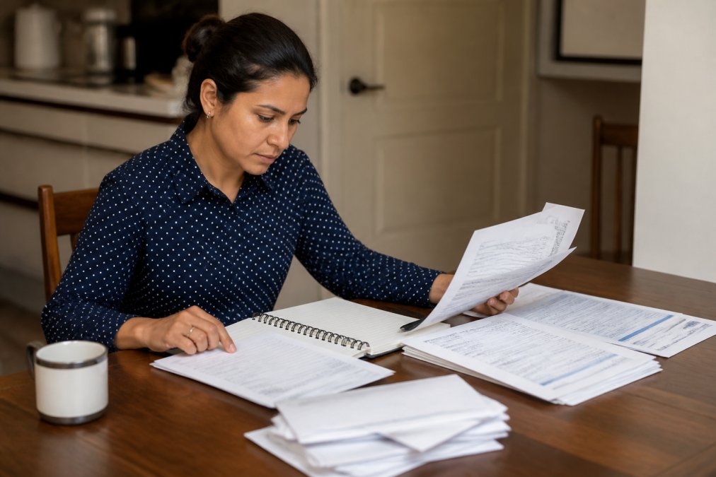 Person at home desk reviewing official legal documents, summons papers, bank statements, and correspondence with a notepad and pen, looking focused and determined as they organize materials