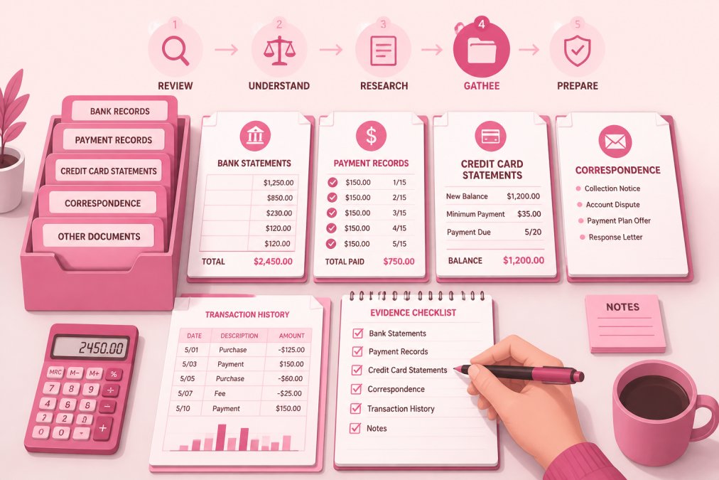 Organized desk with multiple file folders, bank statements, payment records, credit card statements, and documents spread out in organized piles, showing someone systematically gathering and documenting evidence with a pen and notepad