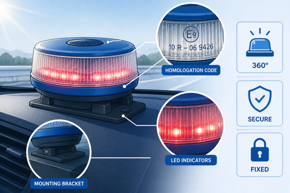 How to Verify DGT 3.0 Compliance: A Step-by-Step Guide Close-up of a V16 emergency beacon mounted on a vehicle dashboard, showing the engraved homologation code on the lens, red LED indicators illuminated, and the secure mounting bracket in daylight