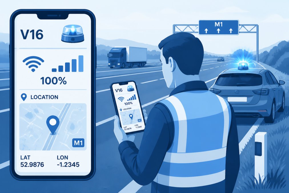 How to Verify DGT 3.0 Compliance: A Step-by-Step Guide Driver checking V16 beacon wireless connectivity status on a smartphone app while parked on a motorway verge, showing signal strength indicator and real-time location data on the screen