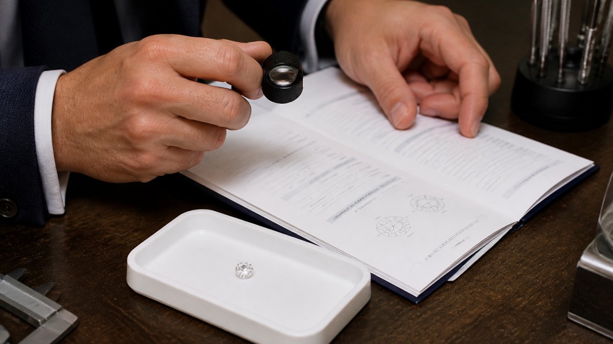 Gemologist using a loupe to verify diamond appraisal accuracy on a report