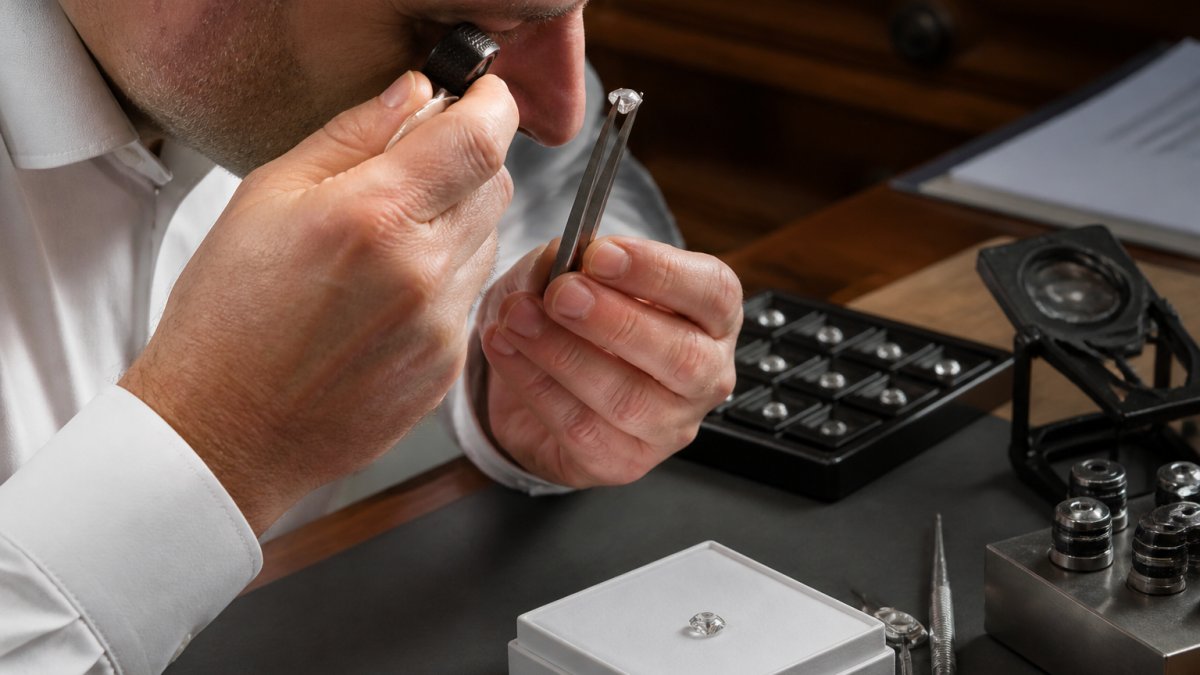 Jeweler using a 10x loupe to inspect the laser-inscribed girdle number on a diamond in a bright workspace