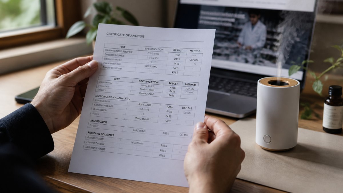 Close-up of hands holding a printed certificate of analysis document next to a diffuser device on a clean desk, with a laptop showing a lab website in the background