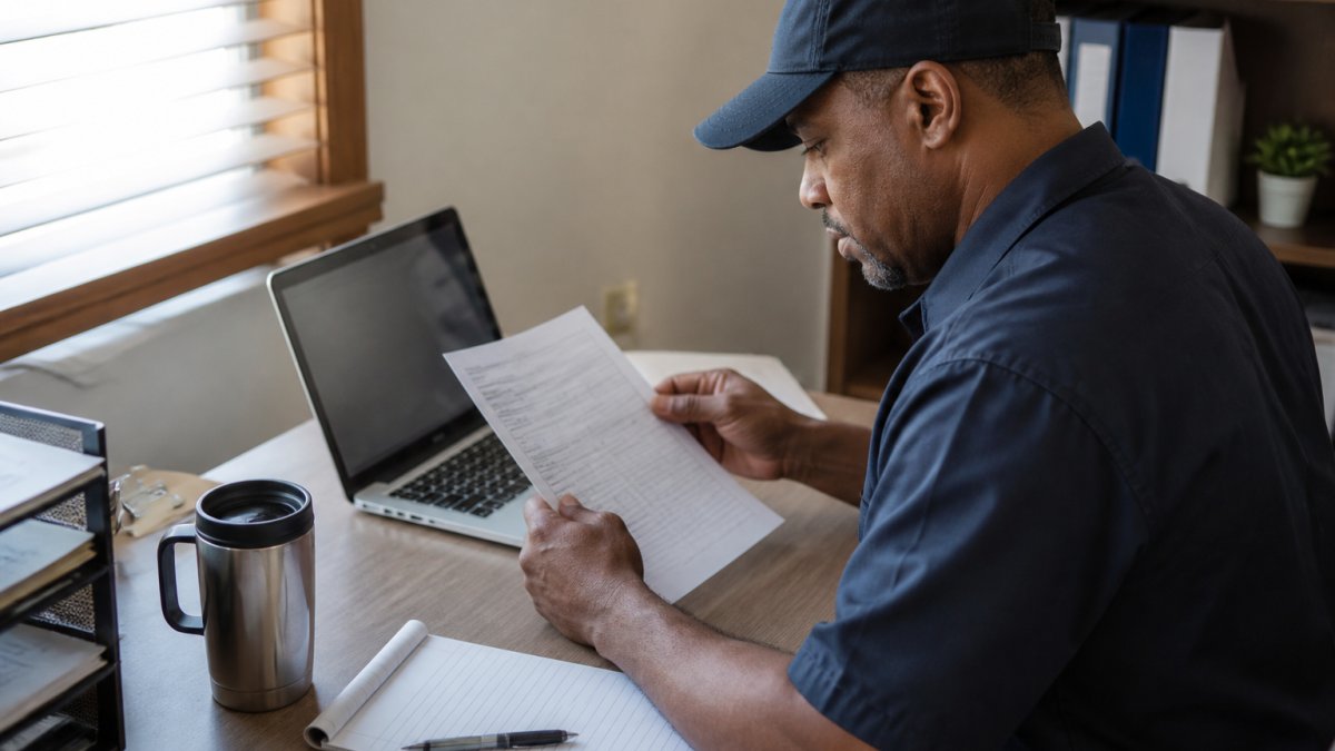 CDL driver reviewing printed documentation on a laptop to verify DOT test results at a desk