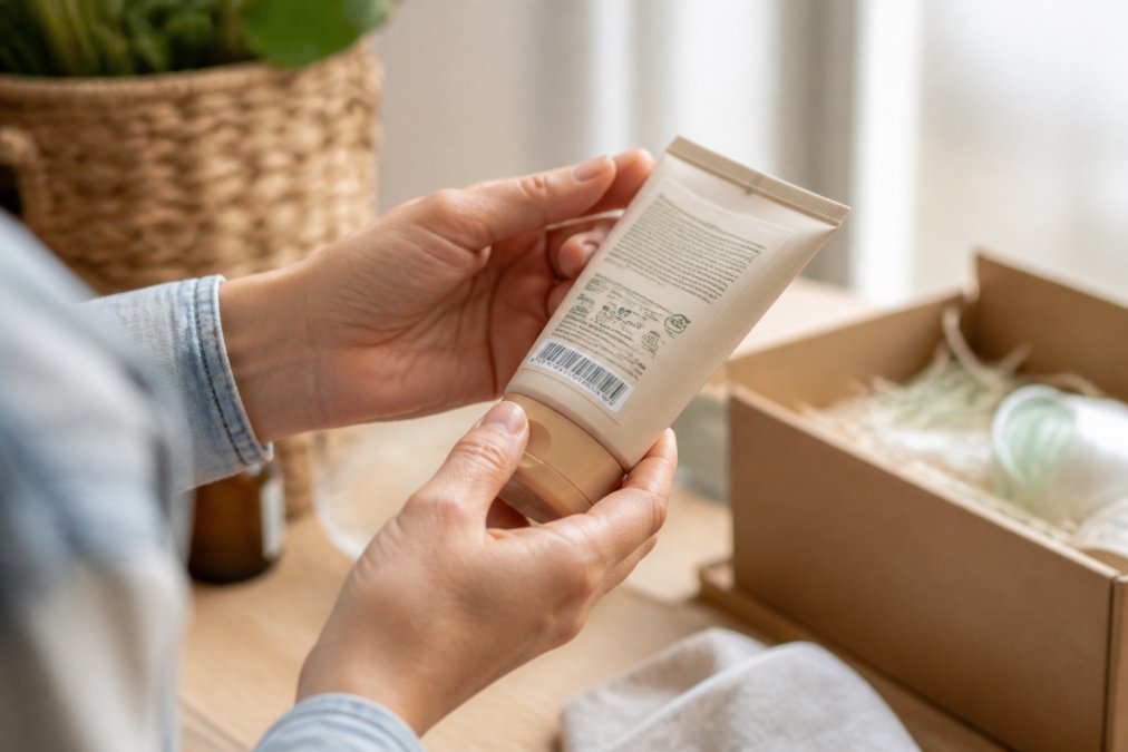 Close-up of hands holding an eco-friendly product package, examining the label and certifications in natural lighting