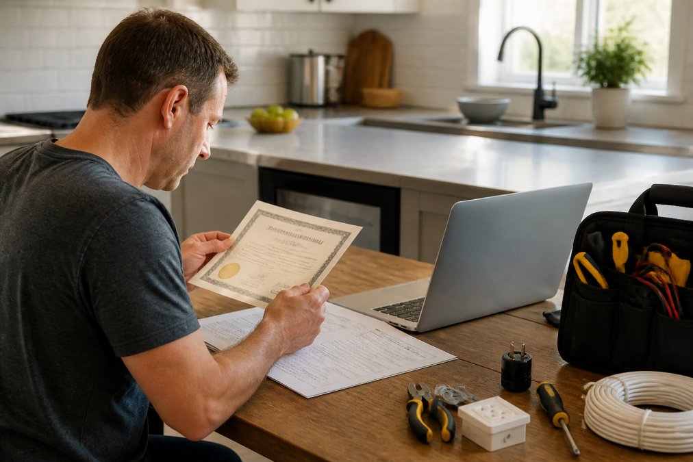 A homeowner sitting at a kitchen table with a laptop open, reviewing a contractor's printed documents and license paperwork in warm afternoon light