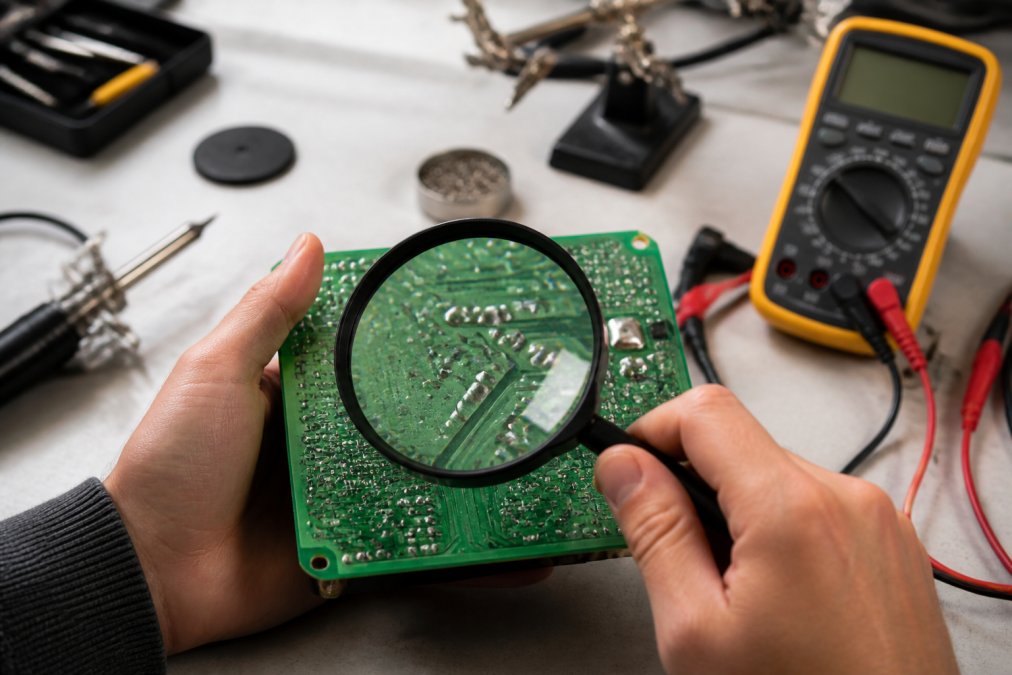 Close-up of hands using a magnifying glass to inspect a circuit board with visible solder joints, on a clean workbench with a multimeter nearby