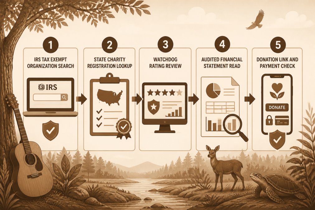 Flowchart of a 5-step charity verification workflow: 1) IRS Tax Exempt Organization Search, 2) State charity registration lookup, 3) Watchdog rating review, 4) Audited financial statement read, 5) Donation link and payment check