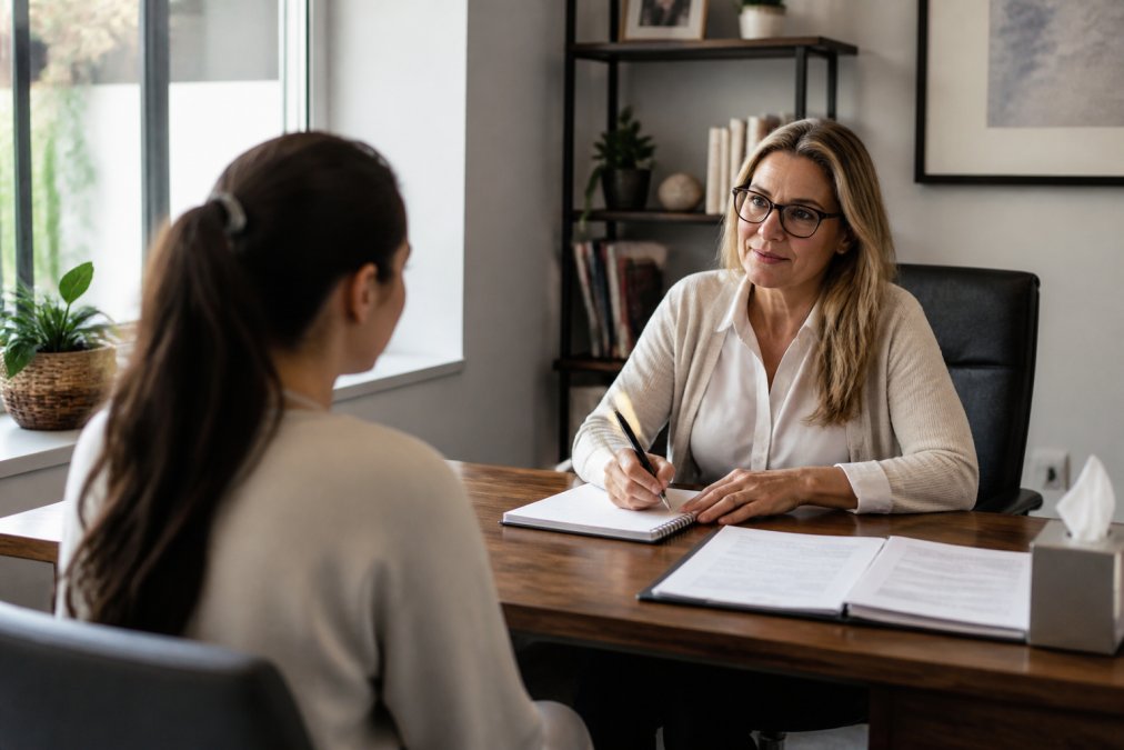 Professional mental health counselor meeting with patient in clinical office, documents and notepad visible on desk between them, natural office lighting