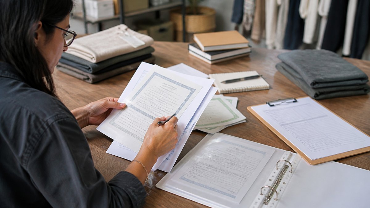 Professional reviewing supply chain documentation and ethical certifications at a desk with audit reports, notebooks, and laptop displaying factory verification information