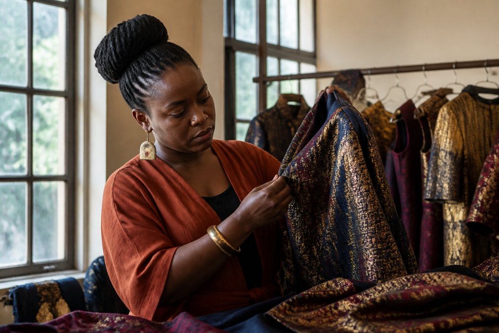 Woman examining a garment in detail, carefully inspecting stitching quality and fabric weave with focused attention in natural daylight by a window