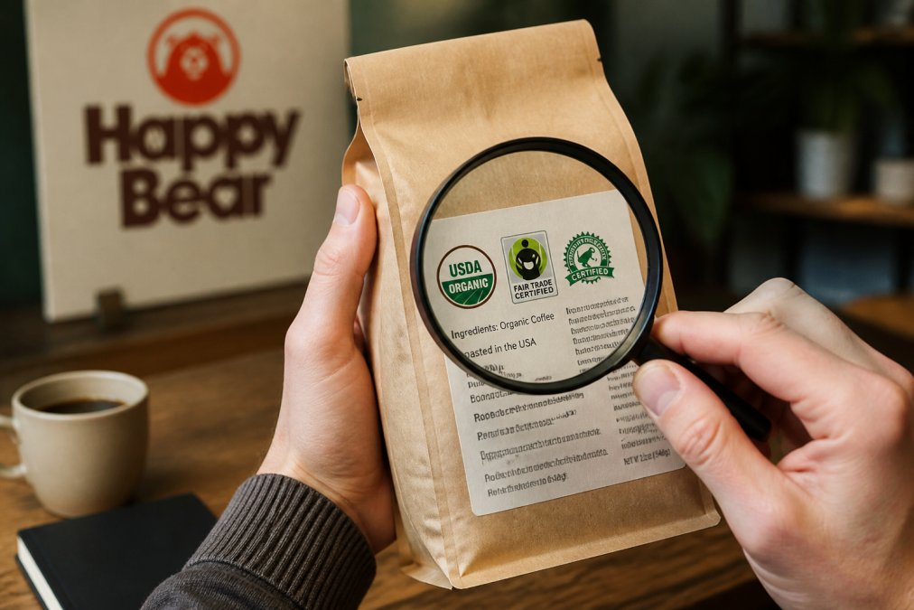 Close-up of hands holding a coffee bag with a magnifying glass inspecting certification logos and text on the label, warm natural lighting on a wooden table