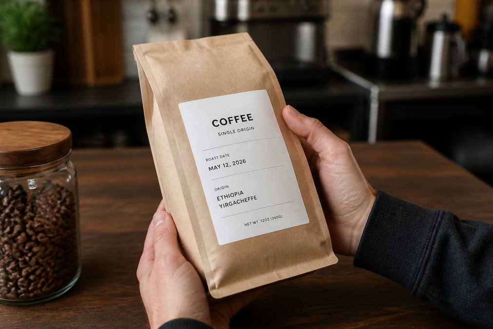 Close-up of hands holding a bag of specialty coffee beans, with the label showing roast date and origin information clearly visible, resting on a wooden countertop