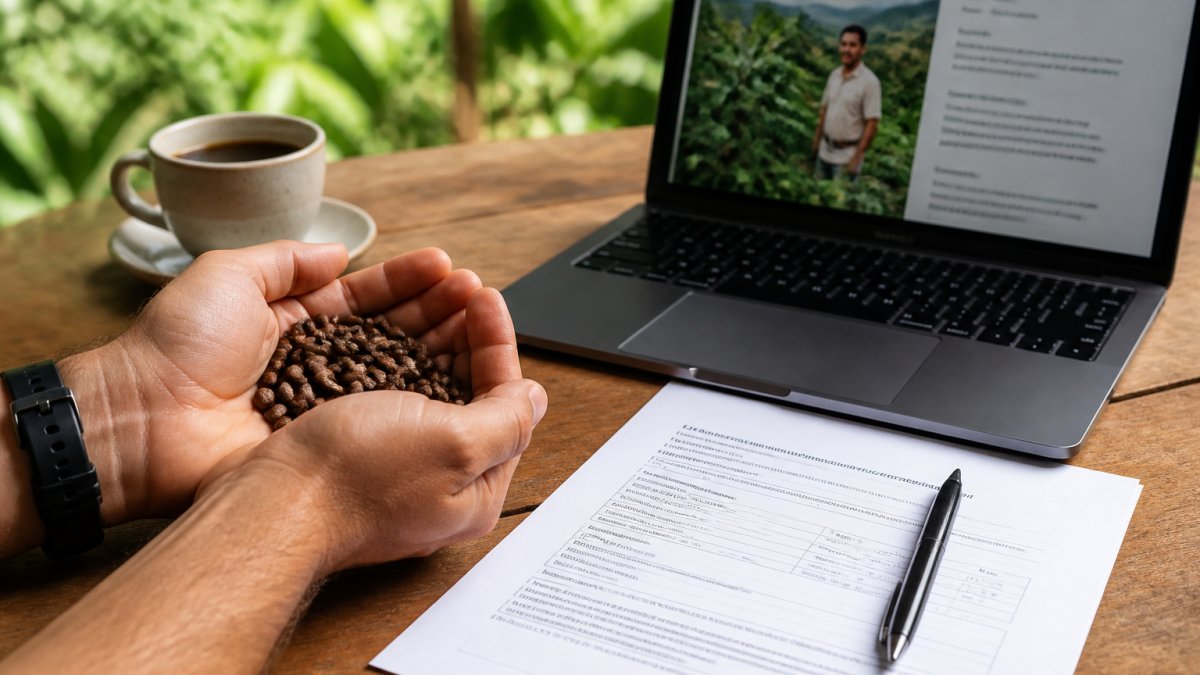 Infographic process flow showing steps to verify ethical coffee sourcing data using documents and farm profiles