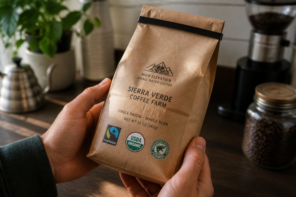 Close-up of hands holding a coffee bag with visible certification logos including Fair Trade, organic seal, and farm name printed on kraft paper packaging in natural morning light