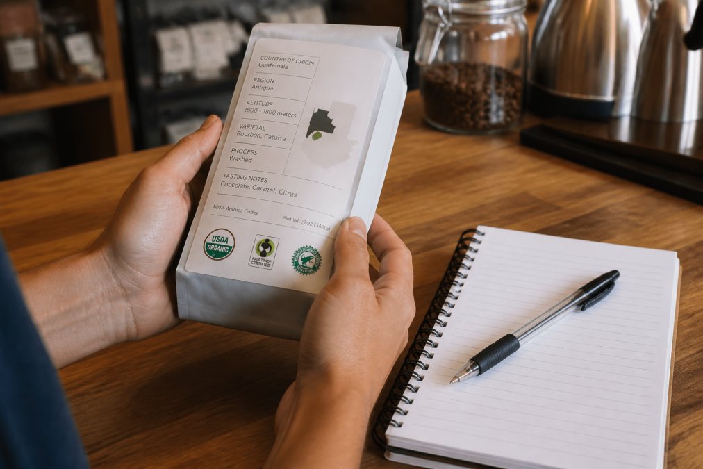 Close-up of hands holding a coffee bag label showing origin, altitude, and certification logos, with a notebook and pen on a wooden counter for taking notes
