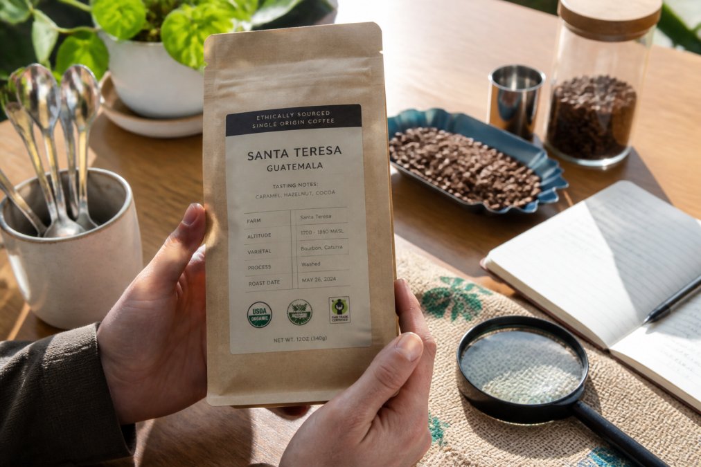 Close-up of hands holding a coffee bag examining the label details, with certification logos, farm name, altitude, and roast date clearly visible on kraft paper in bright natural light