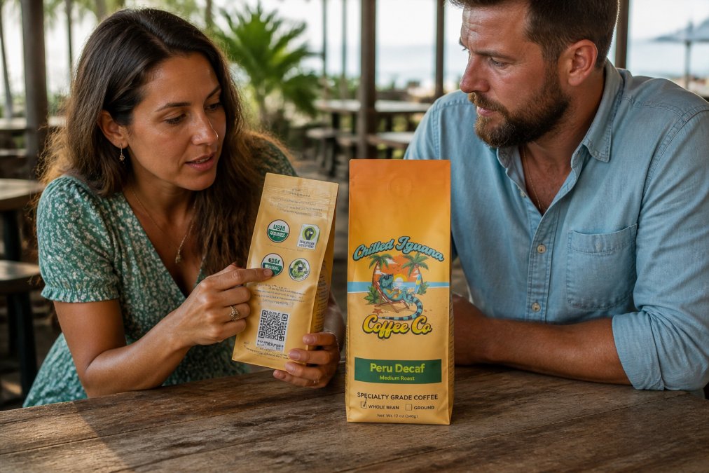 Close-up of coffee bag labels displaying multiple third-party certification logos and QR codes for transparency verification, arranged on a rustic wooden surface with natural morning light