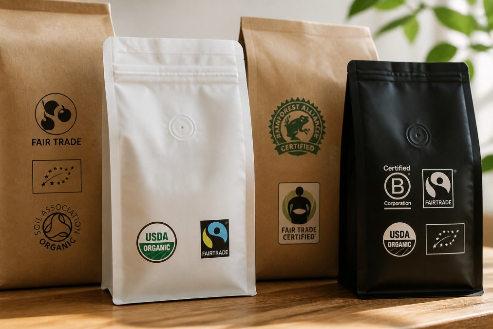 Close-up of coffee bean bags and packaging displaying various certification logos and seals arranged on a wooden surface with natural morning light