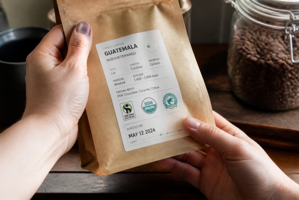 Close-up of hands holding a coffee bag showing origin information, certification labels, and roast date printed on the packaging