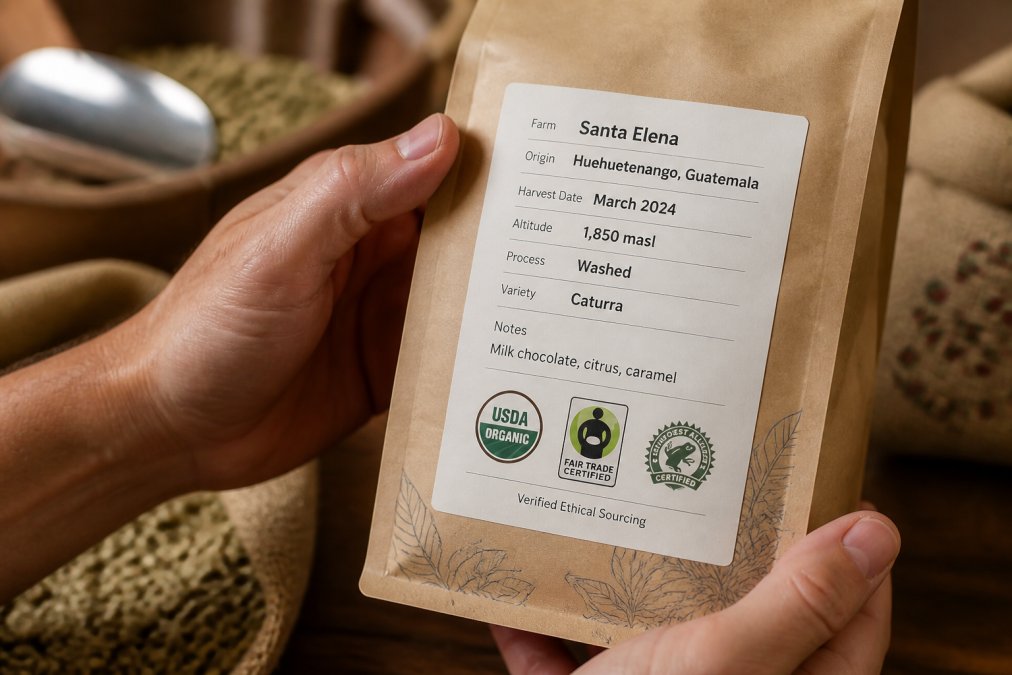 Close-up of coffee bean bag label showing specific farm name, harvest date, altitude, and certification logos held in hands with natural daylight