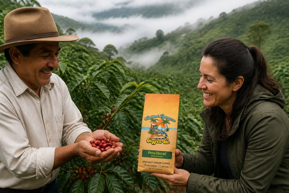 Coffee farmer in a misty highland farm setting, hands holding ripe red coffee cherries against green foliage, demonstrating the origin point of ethical sourcing