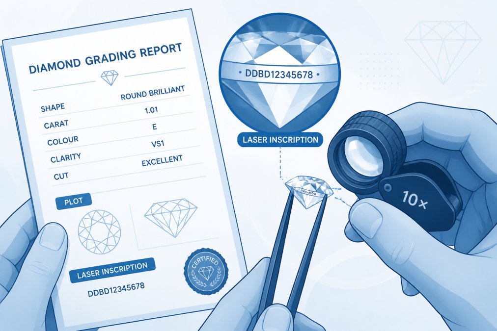Close-up of hands holding a diamond grading certificate and examining a certified diamond with a jeweller's loupe, showing the laser-inscribed serial number under magnification on the diamond's girdle