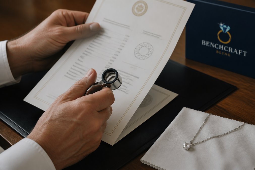 Close-up of hands holding a jeweler's loupe over a diamond certificate document beside a solitaire pendant on a white cloth
