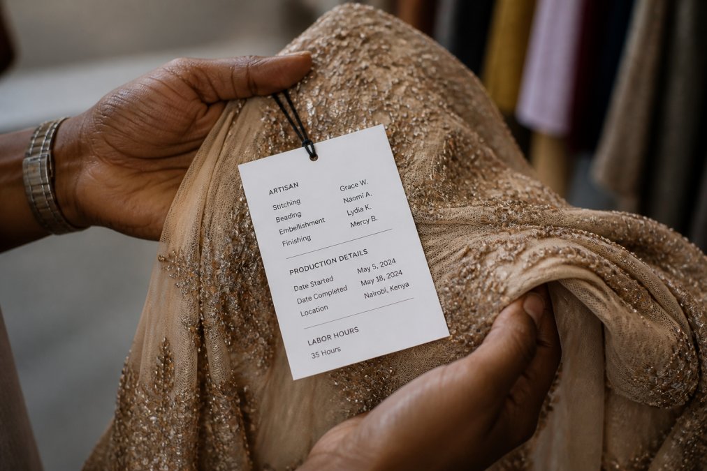 Close-up of hands holding a luxury dress with a provenance card visible, showing artisan names, labor hours, and production details documented on the card