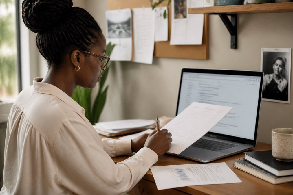 Woman at a computer reviewing brand sustainability emails and transparency reports, with certification badges and audit documents visible on screen in natural office lighting