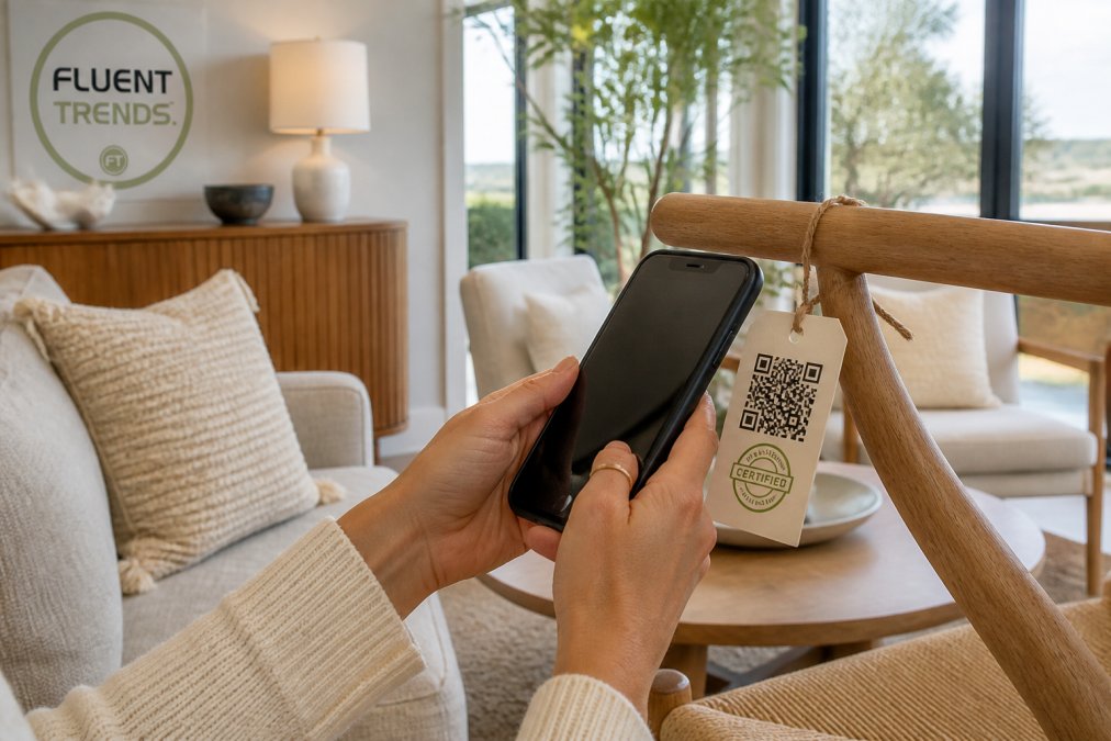 Close-up of a person's hands holding a smartphone, scanning a QR code on a wooden furniture tag in a bright modern living room, certification logo visible on the tag