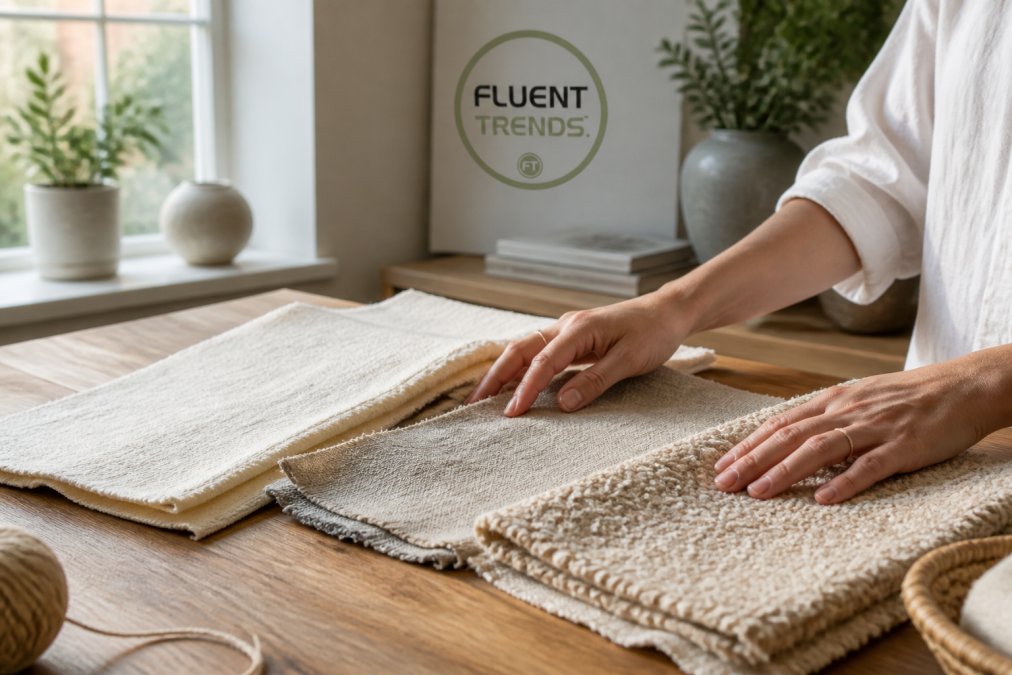 Close-up of hands touching natural fabric swatches of organic cotton, linen, and boucle arranged on a wooden table in a bright, airy room