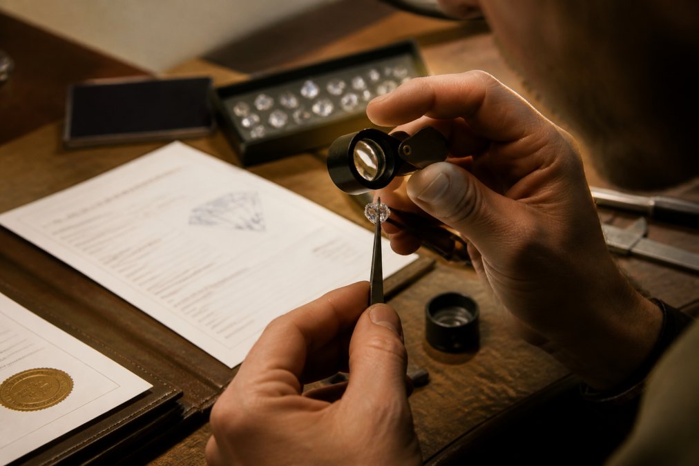 Jeweler examining a gemstone with a loupe next to certification documents on a workshop bench