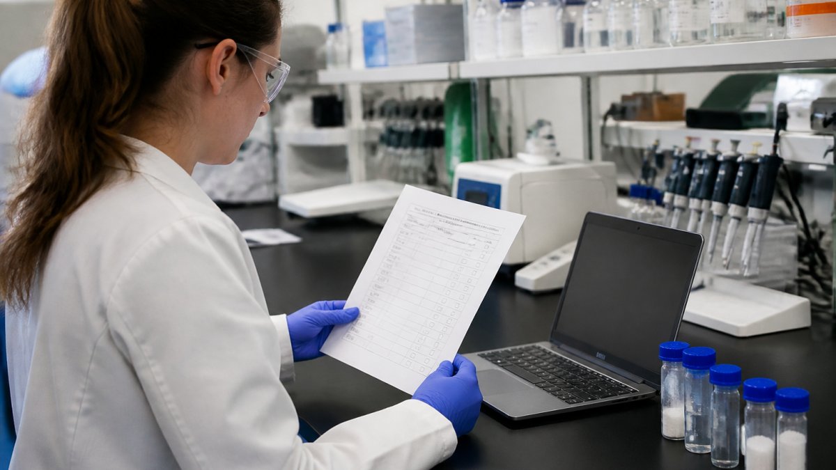 A researcher in a lab coat reviewing a printed ethical sourcing checklist at a laboratory bench, with a laptop and sample vials nearby