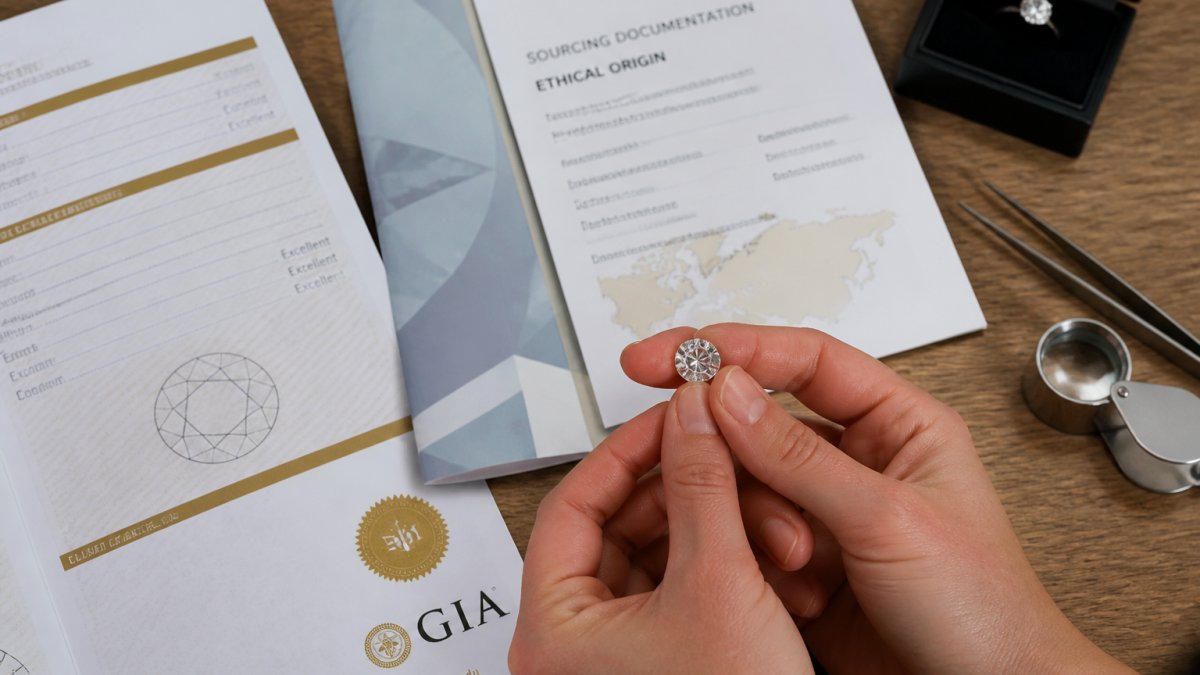 Close-up of hands holding a certified diamond with gemological certificate and sourcing documentation spread on a wooden surface, showing verification documents and tools