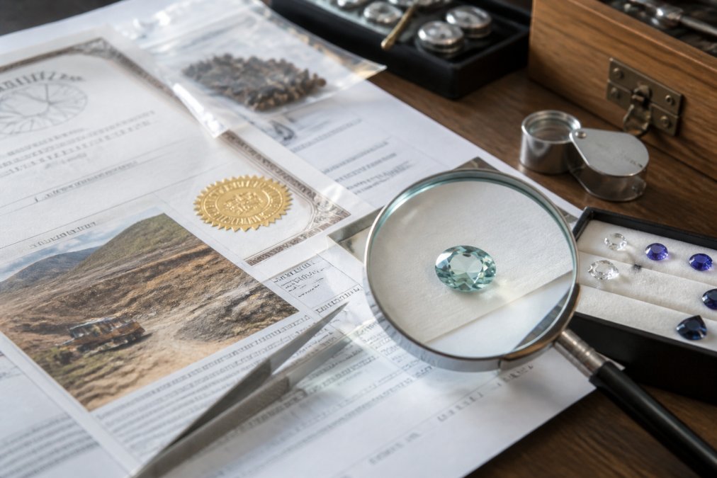 Close-up of gemstone certification documents, gemological reports, and chain of custody records laid out on a jeweler's workspace with a magnifying glass examining a loose gemstone under professional lighting