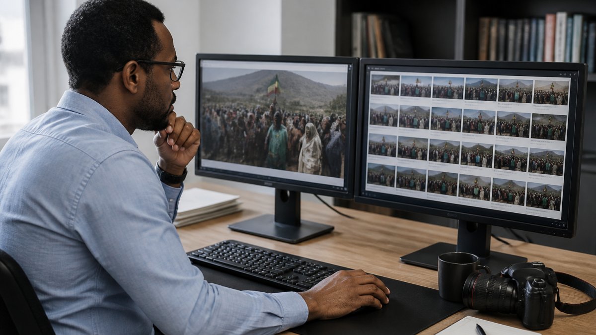 Professional journalist at computer workstation performing reverse image search on news photograph, examining search results on dual monitors with natural office lighting