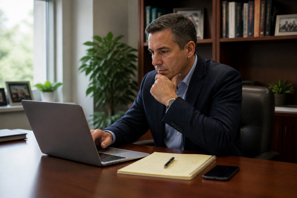 Financial advisor using a laptop and checklist to verify exclusive insurance leads at a desk