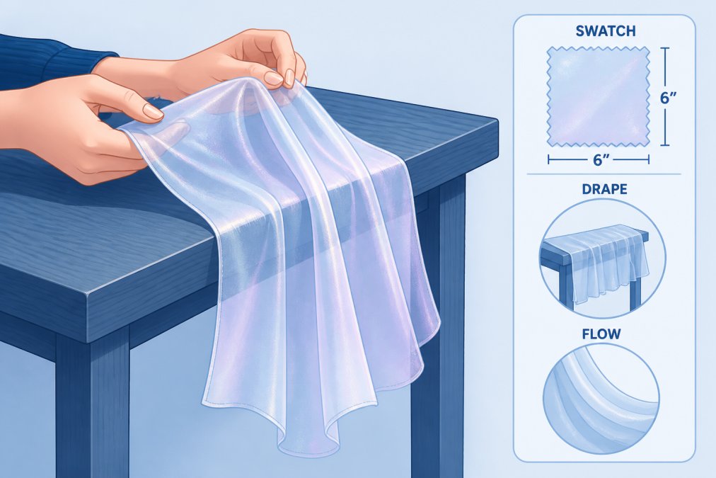 Close-up of a person's hands holding a sheer iridescent organza fabric swatch over the edge of a wooden table, the fabric cascading naturally downward in soft folds under warm studio lighting