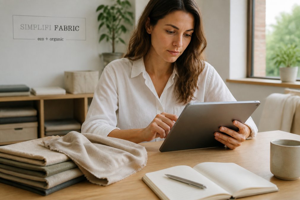 Professional hands using tablet to search GOTS certification database with organic fabric sample visible on desk with natural lighting