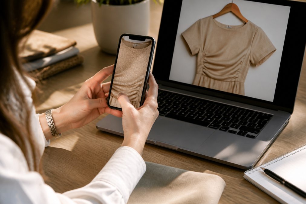 Close-up of a woman's hands holding a smartphone, zooming in on a product photo of a dress on a laptop screen, with soft natural light highlighting fabric texture and weave detail