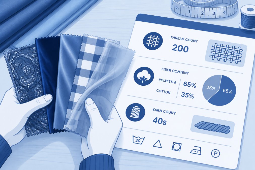 Close-up of hands holding fabric swatches of different textures and colors, with a product specification sheet visible on a wooden desk showing thread count and fiber content details in natural daylight
