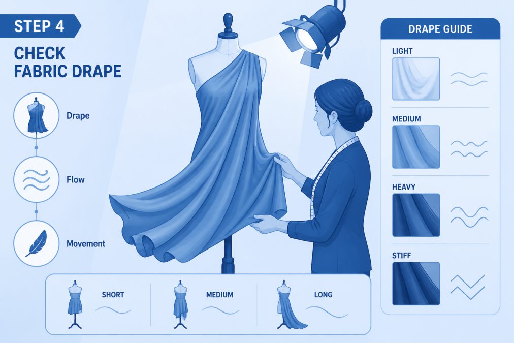 Designer or seamstress examining how fabric falls naturally on a dress form or mannequin, showing the graceful flow and movement of the material under studio lighting