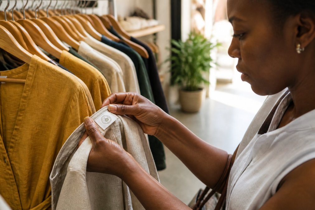 Close-up of a woman's hands examining a sewn-in clothing label with a certification mark inside a bright, boutique-style dressing room, soft natural light highlighting the fabric texture