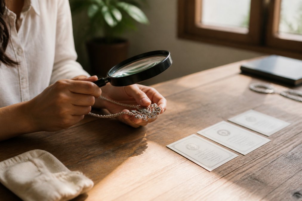 A woman's hands holding a magnifying glass over a silver necklace with small certification documents laid out on a wooden table nearby, soft natural window light