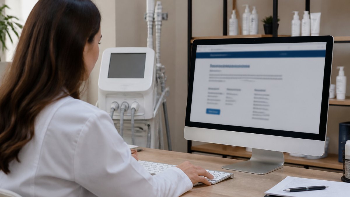 Spa owner using a computer to verify medical device registration in a clinic