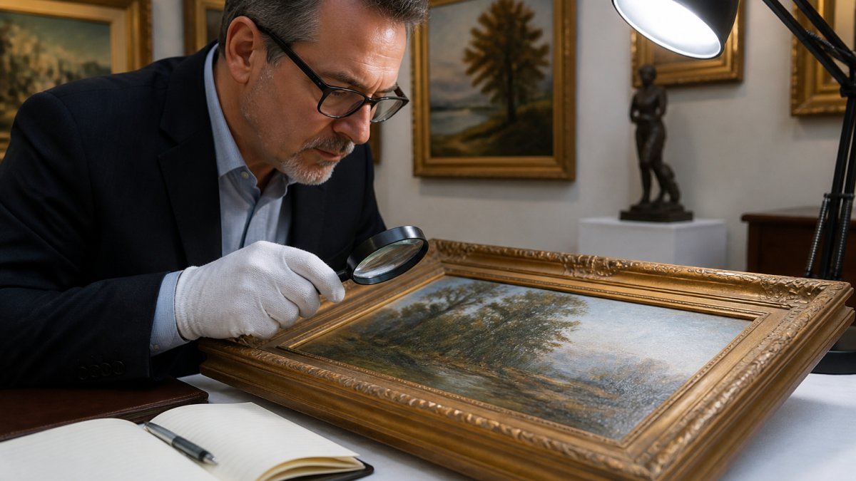 Professional art appraiser wearing white gloves carefully examining a framed oil painting under adjustable lighting, with a magnifying glass and documentation notebook on the table