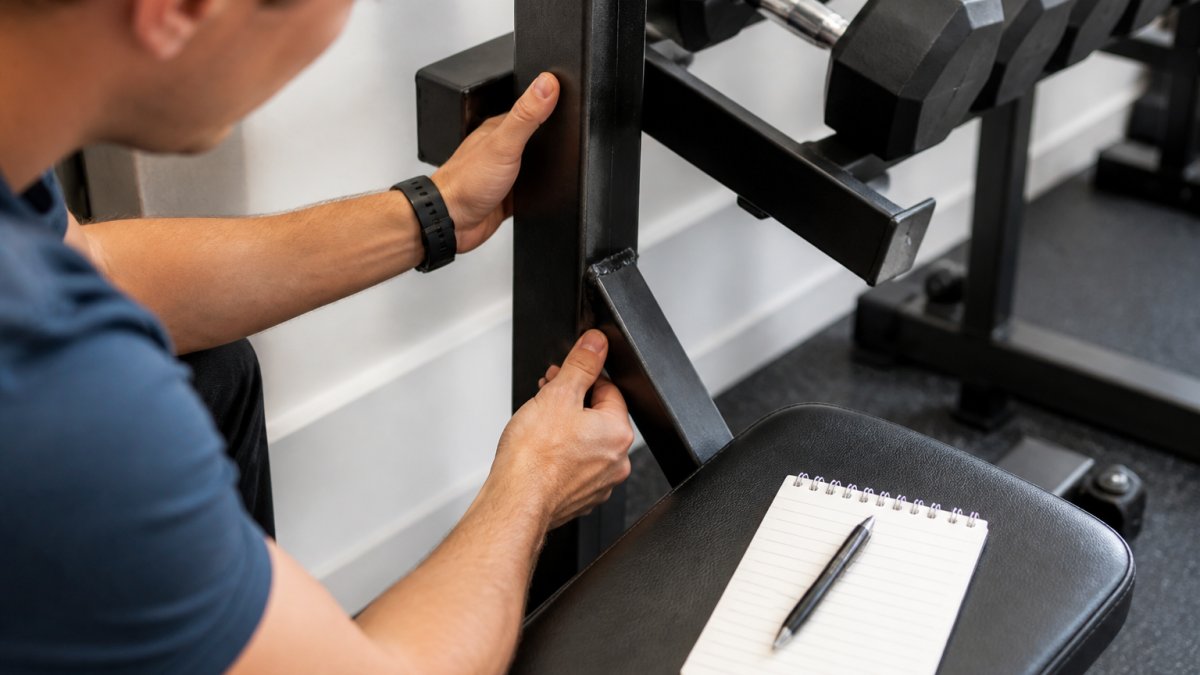 A close-up of a person's hands examining the welded joint of a metal dumbbell rack in a home gym, with a notepad and pen resting on the bench nearby