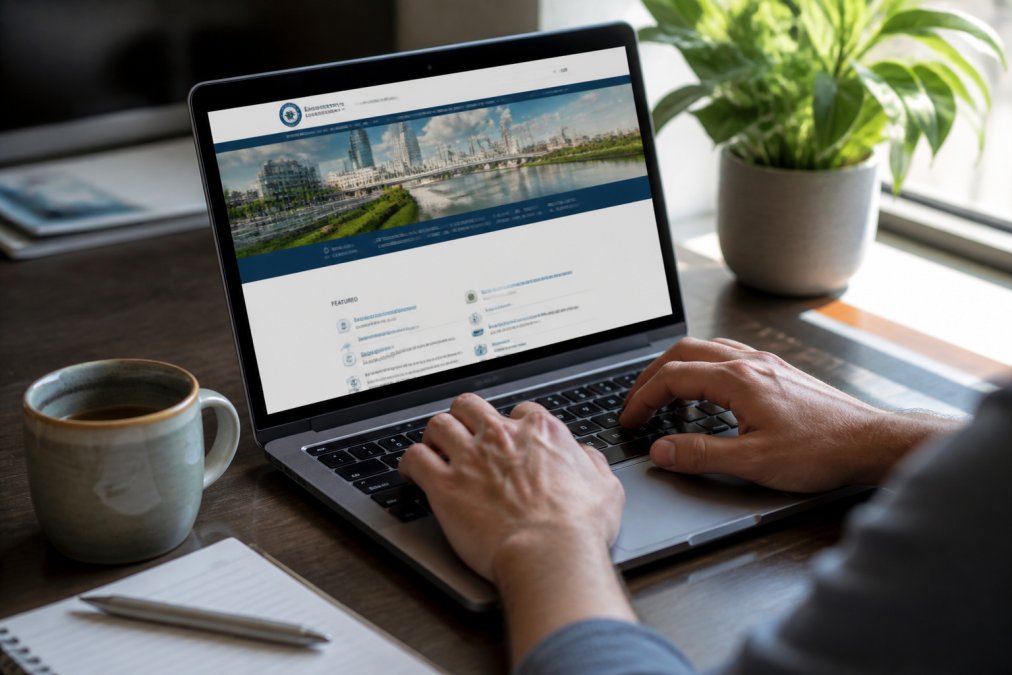 A person's hands typing on a laptop keyboard with the Florida Department of Financial Services website visible on screen, a coffee mug and notepad on the desk nearby, natural window light