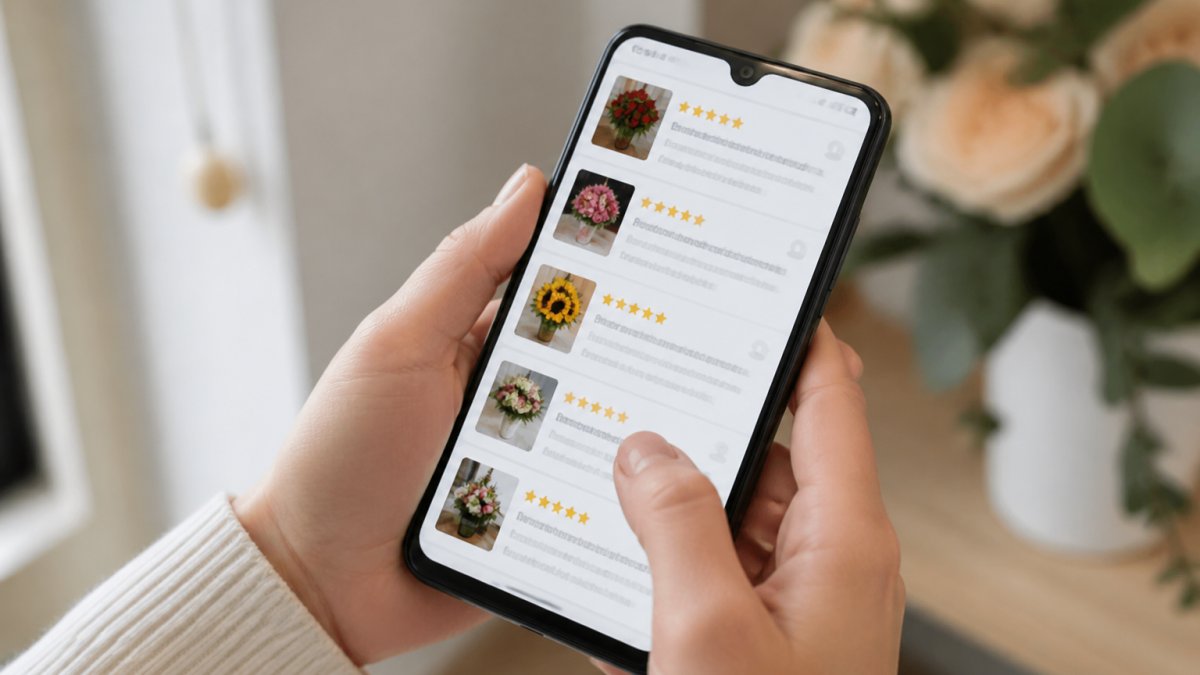 Close-up of a smartphone screen displaying customer reviews with star ratings for a florist, with a hand scrolling through feedback on a light background